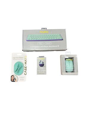 4pcs Heyday Wireless Keyboard, Mouse & Earbuds Bundle + Case-Mate Lip Gloss Hold
